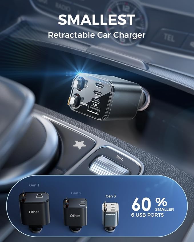 Upgraded SUPERONE Retractable Car Charger, [Ultra-Compact] 6-Port Car Charger USB C, iPhone Car Chargers Fast Charging with USB C & Apple Cable, RV Power Adapter for iPhone 17/16/15/14/13/12 | iPhone Car Chargers Fast Charging with USB C & Apple Cable,...