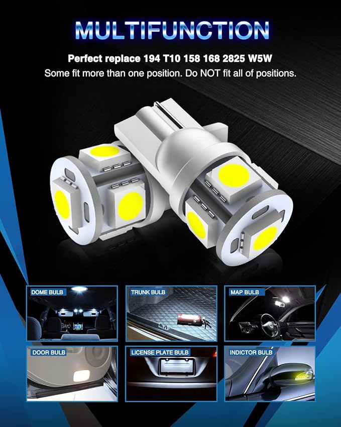 Marsauto 194 LED Bulbs 168 T10 2825 5SMD LED Bulbs Car Dome Map License Plate Lights Lamp White 12V, Tail Light Covers (Pack of 2)