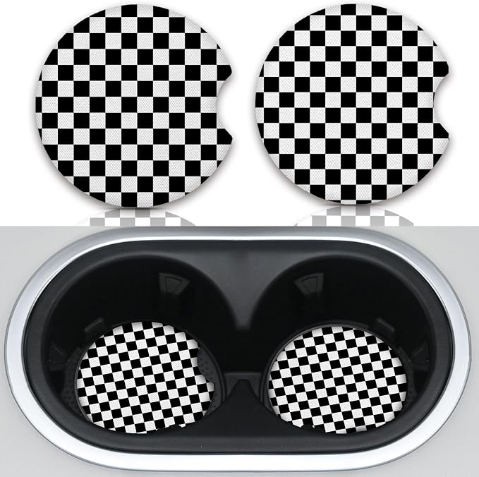 Cute Car Coasters for Cup Holders, 2 Pack Absorbent Universal Neoprene Car Coasters with Finger Slot, Auto Accessories for Women & Men,2.56"(Black/White)