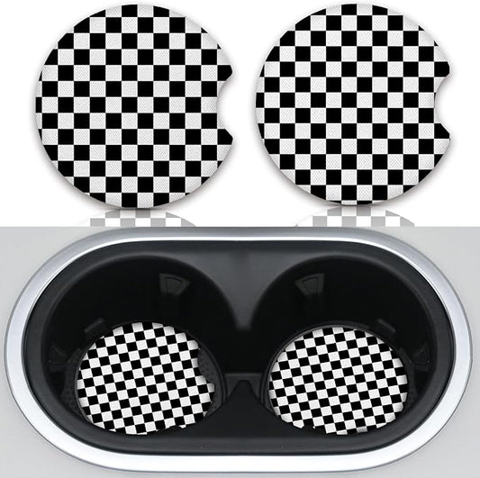 Cute Car Coasters for Cup Holders, 2 Pack Absorbent Universal Neoprene Car Coasters with Finger Slot, Auto Accessories for Women & Men,2.56"(Black/White)