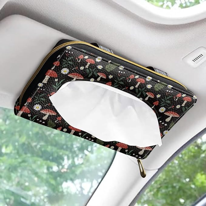 Mushroom Daisy Car Visor Tissue Holder for SUV Sedans Vans Premium Car Tissue Box PU Leather Wear Proof Universal Fit