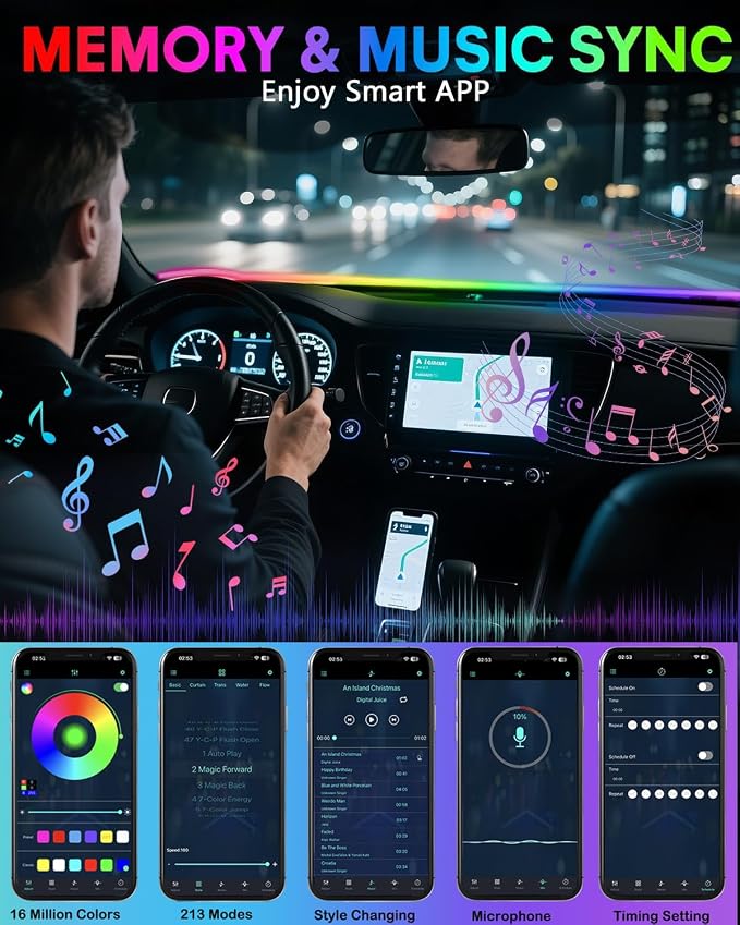 Acrylic Interior Car LED Strip Light with Motion-Activated Switch, 59.1" Neon Ambient Light, RGB Colors, APP Control, Music Sync
