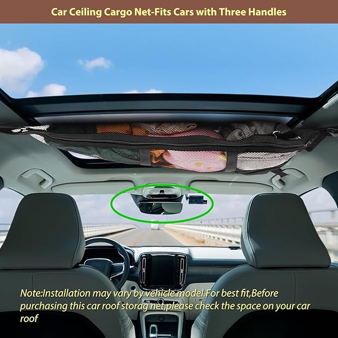 31.5"x21.6" car Ceiling Cargo net for 3-Handle & 4-Handle Vehicles, Double-Layer roof Storage Organizer, mesh car Storage for Road Trips, Camping, SUV, Jeep, 4runner, Ford, Chevy