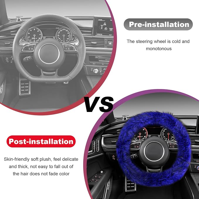 Fluffy Steering Wheel Cover, 15 Inch Anti-Slip Microfiber Plush Fuzzy Steering Wheel Cover, Winter Warm Elastic Fuzzy Steering Wheel Covers for Women and Men, Car Accessories (Blue)