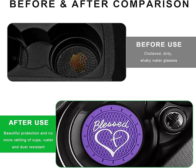 2 PCS Car Cup Holder Coaster, 2.76 Inch Soft PVC Non-Slip Blessed Cross and Heart Christian Car Cup Coasters, Auto Interior Shockproof Insert Drink Mat for Most Vehicles (Dark Purple)