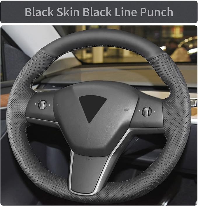 Hand Sewn Steering Wheel Cover,Fit for Tesla Model 3 2017-2023/Model Y 2020-2023,Non-Slip Breathable Microfiber Leather Steering Wheel Cover On Wrap Car Interior Accessories
