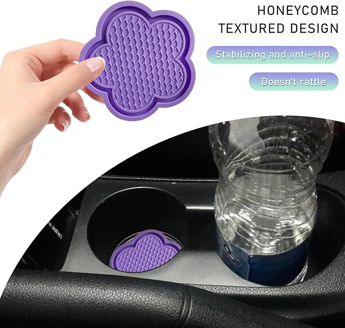 DXNQ 4 PCS Car Cup Coasters, Cute Flower Shaped Car Cup Holder Mat, PVC Waterproof Anti Slip Vehicle Cup Holder Insert Coaster, Universal Car Interior Decor Accessories (Purple)