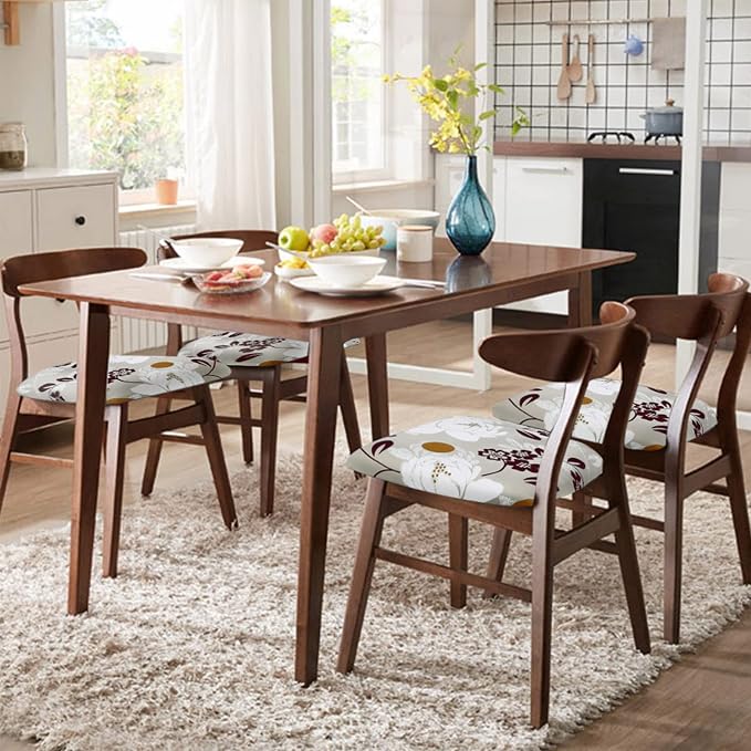 SearchI Seat Covers for Dining Room Chairs Stretch Printed Chair Seat Covers Set of 4, Removable Washable Upholstered Chair Seat Protector Cushion Slipcovers for Kitchen, Office(Flowers Pattern10)