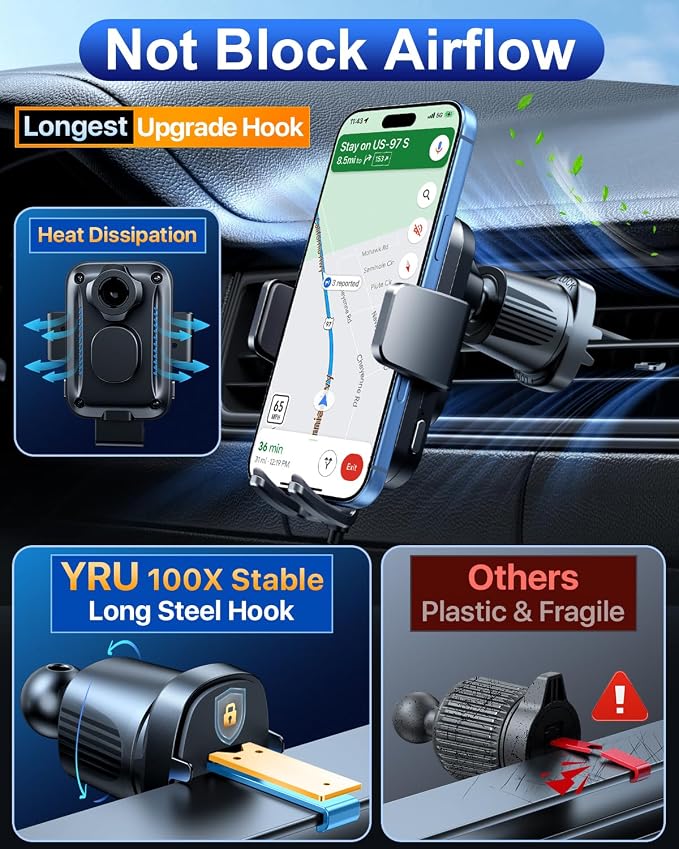 YRU [True Military-Grade] Wireless Car Charger Mount, 15W Charging Auto Clamping Car Phone Holder [98+LBS Strong] Dashboard Windshield Vent Cellphone Holder for iPhone 17 16 15 Pro Max, Dark Black