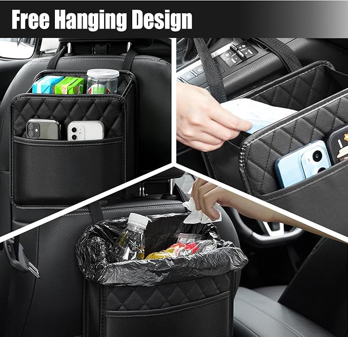 Foldable Car Seat Back Organizer, Large Capacity Hanging Car Backseat Storage Bag with Cup Holders, PU Leather Waterproof Car Trash Bag Can, Car Travel Accessories for Most Vehicles (2PCS)