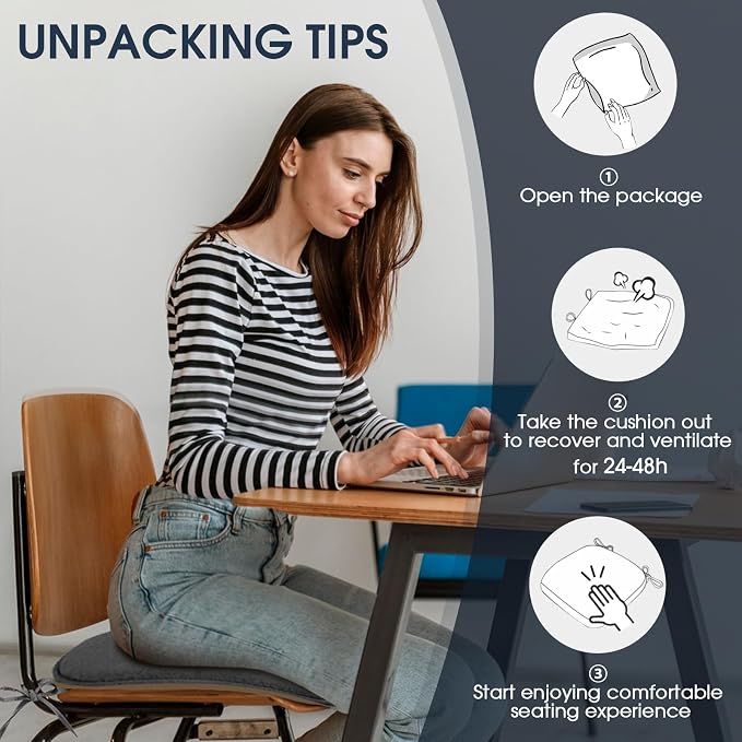 TushGuard Chair Cushions, 4 Pack Memory Foam Chair Pads, Thin Seat Cushion, Kitchen Chair Cushions Set of 4, Anti-Slip Backing & Fixed Straps, 1.4 in Thick, Grey