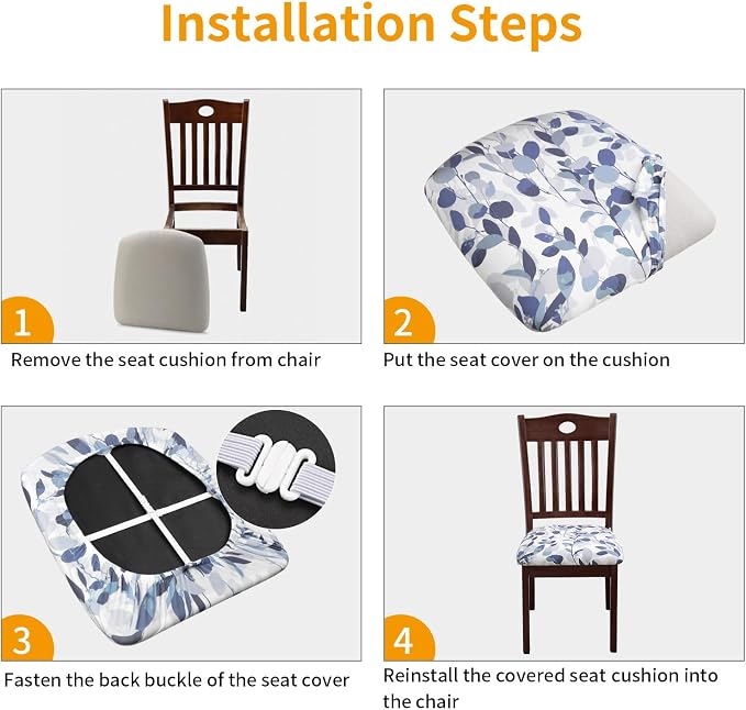 Fuloon Stretch Seat Cushion Covers 4 PCS, Washable Chair Seat Slipcover Chair Cover Dining Room for Hotel, Ceremony, Banquet Wedding Party (F-Grey Blue, 4)