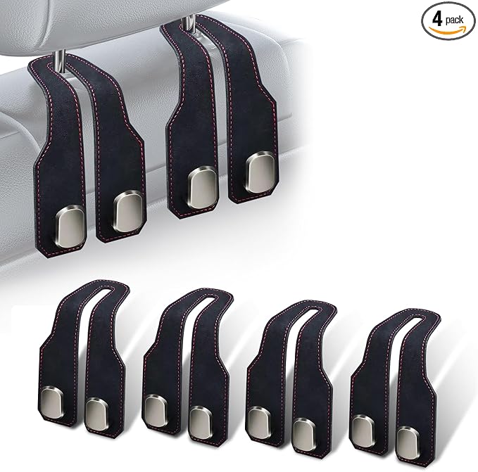 4Pcs Car Headrest Hooks with Premium Leather, Upgraded Double Metal Hooks with Anti-Drop Design, Universal Back Seat Hanger for Bags, Coats, Purses and Groceries (Stylish Black)
