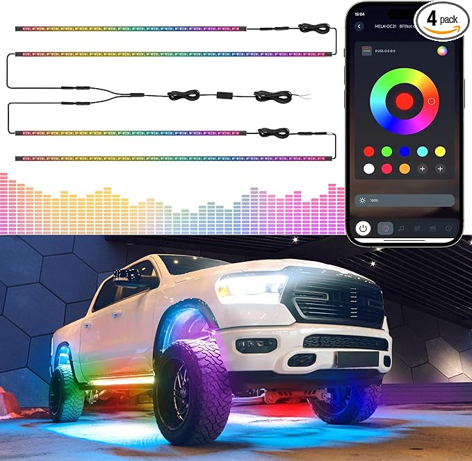 Livtee Underglow LED Lights Kit, RGB Strip Lights with App Control for Music and DIY Modes, Under Glow Kit for Cars, Vans, SUVs, and Trucks