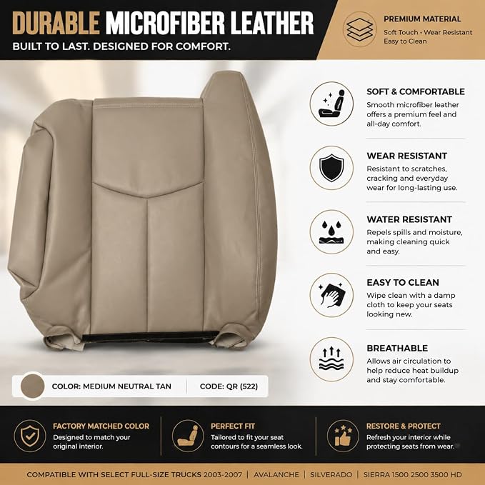 NLQR #522/52i Med Tan Driver & Passenger Bottom & Top Lean Back Replacement Leather Seat Covers & Armrests fit for Chevy Silverado Tahoe Suburban Avalanche GMC Yukon Sierra 1500 2500 3500 HD 2003-2007