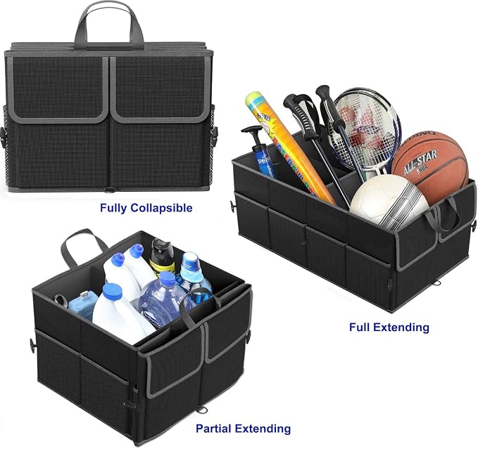 EPAuto Foldable Car Trunk Organizer for SUV, 3-Compartment, Black | with Removable Divider, Side Pockets and Securing Straps