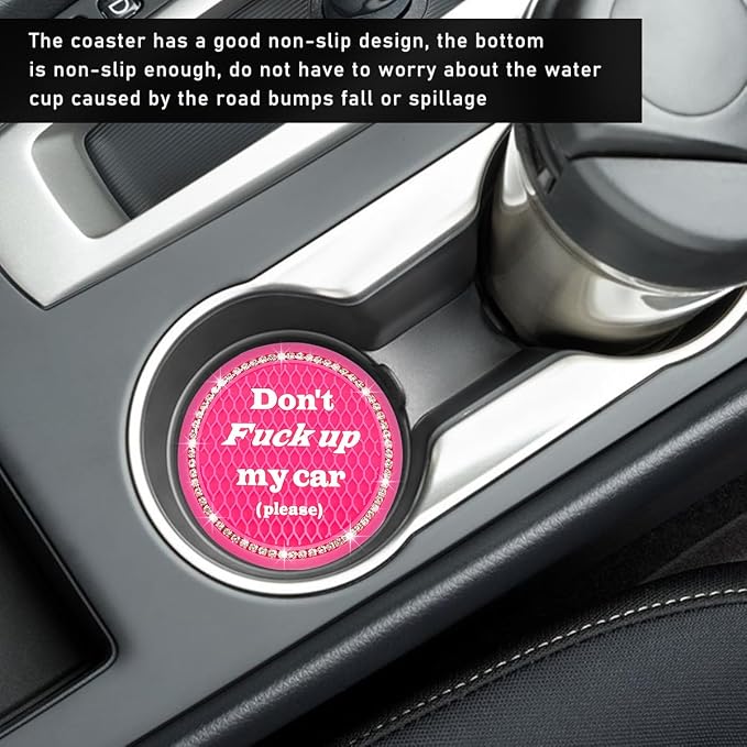 Ziciner 2 Pack Bling Car Cup Holder Coaster, 2.75 Inch Anti-Slip Auto Insert Cup Coaster, Crystal Car Drink Cup Mat Perfect for Women Girls, Universal Interior Decor Accessories (Rose Red)