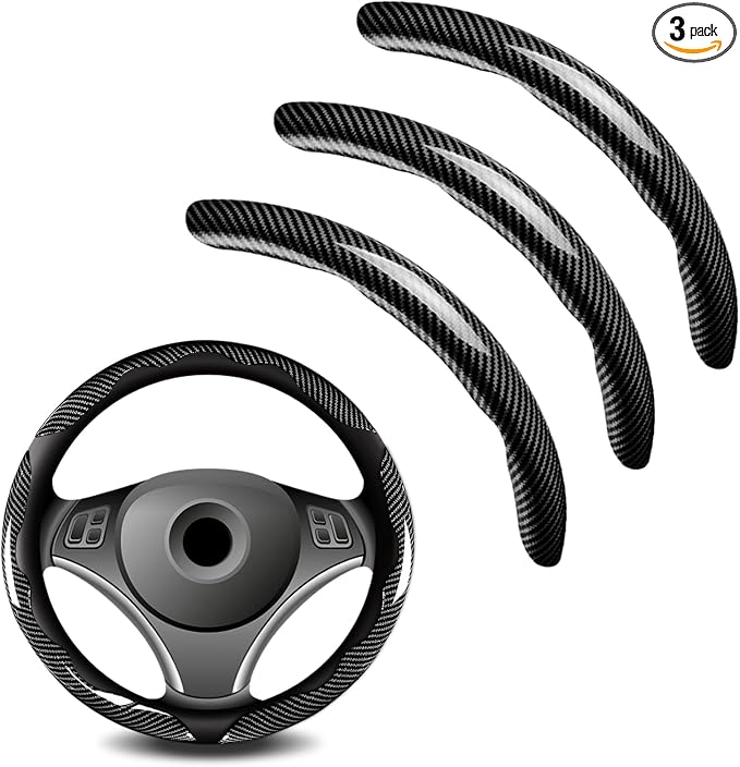 3pcs Universal Carbon Fiber Steering Wheel Cover - Anti-Slip & Segmented Design, Universal 99% Durable Steering Wheel Protector for Men and Women, Car Interior Accessory (Black)