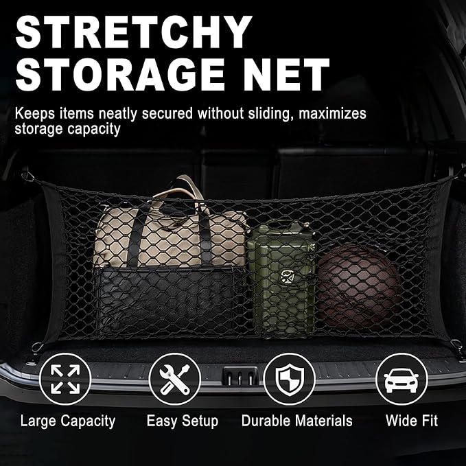 Stretchable Elastic Trunk Cargo Net with 4 Heavy-Duty Hooks, Adjustable Car Storage Net for SUVs, Trucks, and Hatchbacks, Secures Luggage, Groceries, and Tools from Shifting