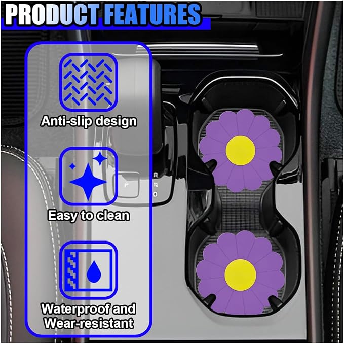 2PCS Car Cup Coaster, Flower Shaped Silicone Non-Slip Vehicle Drink Holder Insert Mat, Universal 2.75 Inch Waterproof Automotive Interior Decoration Beverage Pad Accessories (Purple)