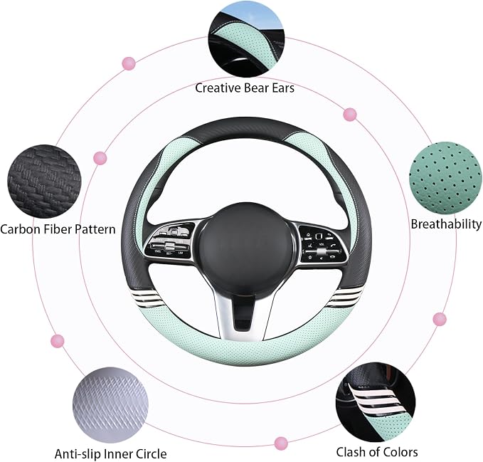 15 inch Cute Leather Steering Wheel Cover Black and Green | Breathable Non-Slip Faux Leather and Carbon Fiber Car Accessories for Women Men Universal 14.5 inch to 15 inch