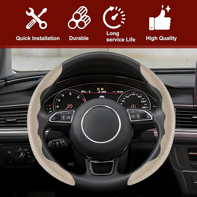 Universal Fit Carbon Fiber Steering Wheel Cover, Segmented Steering Wheel Protector, Carbon Fiber Anti-Skid Steering Wheel Cover Car Interior Accessories (2 Pcs Khaki)