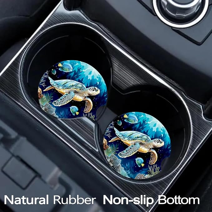 2 Pack Sea Turtle Car Cup Holder Coasters Universal Neoprene Coasters | 2.75" Universal Size Anti Slip Rubber Mat, Auto Cup Holder Accessories for SUV Truck, Sea Turtle Gifts for Women Men Mom