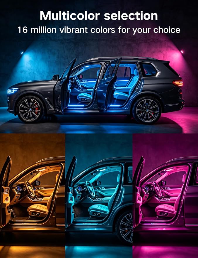 YUGUANG 4Pcs Car Interior Lights, USB LED Lights for Car with App Control Multicolor Music Sync DIY Light Mode, RGB Car Inside Ambient Lighting Kit