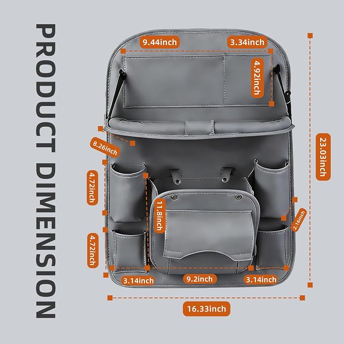 Car Backseat Organizer with Foldable Table Tray, Leather Seat Back Organizer with Trash Bin, Tablet Holder, Kick Mat Protector, Back Seat Storage for Cars, Gray