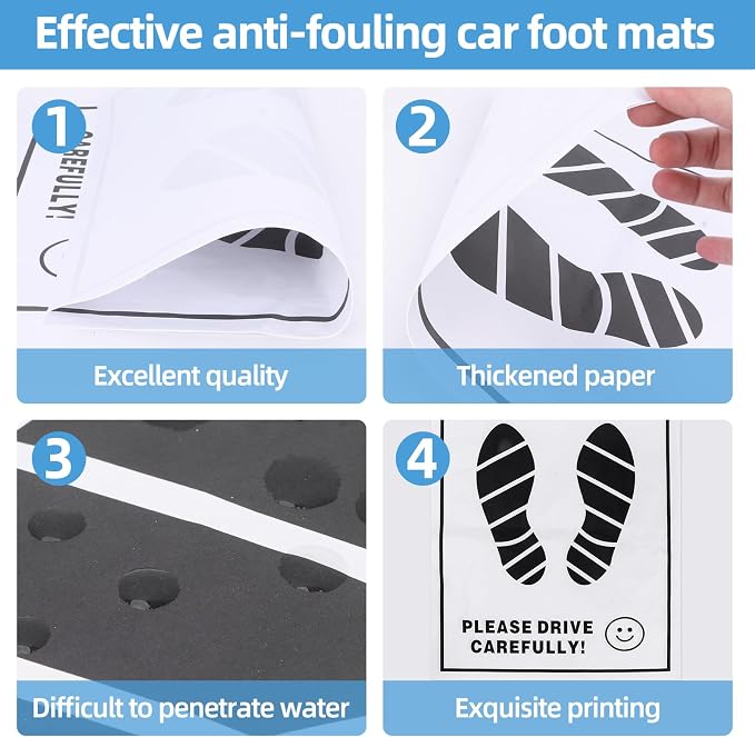 100 Pcs Paper Car Floor Mats - 20"x16" Disposable Auto Floor Pads with Footprint Words | Bulk White Kraft Paper Mats for Car Detailing Supplies, Dealerships & Vehicle Protection