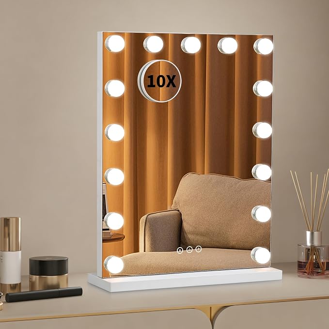 Hollywood Vanity Mirror with Lights, Vertical 20.6 Inch, White | 20.6 x 15.5 in vertical design, 15 dimmable LED bulbs, 3 light modes, 10X magnifier, touch control and USB port