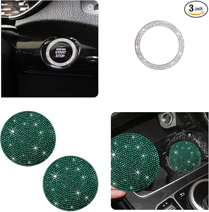 Ziciner 2 Pack Bling Car Cup Holder Coaster, Anti-Slip Auto Insert Coaster with Start Stop Button Cover, Universal Shiny Crystal Vehicle Interior Accessories for Women and Girls (Green)