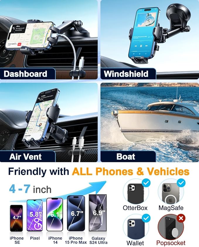 YRU True Military-Grade [360° Rotation Suction] 2026 Ultimate Car Phone Holder Mount【90+LBS Safest Strongest & Patent Certs】 Dash Windshield for iPhone 17 16 Pro Max Speakerphones, Blue Black