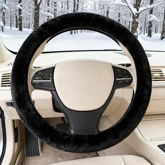 Furry Warm Steering Wheel Cover, Universal 14.5-15 Inch Winter Plush Warm Steering Wheel Cover, Soft Fluffy, Anti-Slip Design, Soft Texture (Black)