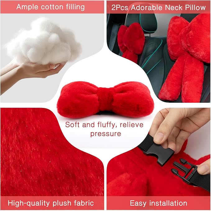 Macarrie 2 Pcs Red Car Neck Pillow Plush Butterfly Bow Car Headrest Comfortable Pillow Seat Neck Support Cute Head Rest Accessories for Driving Travel Driver Chair Girl Interior Decor(Solid)