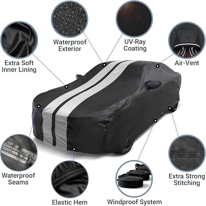 iCarCover Premium Heavy Duty Car Cover - Waterproof All Weather Rain UV Protection, Charger, XJ8, XJR, Lesabre, Impala, XTS, V90, S-Class, Size C29 (See Size Chart), Stripe - Black/Gray
