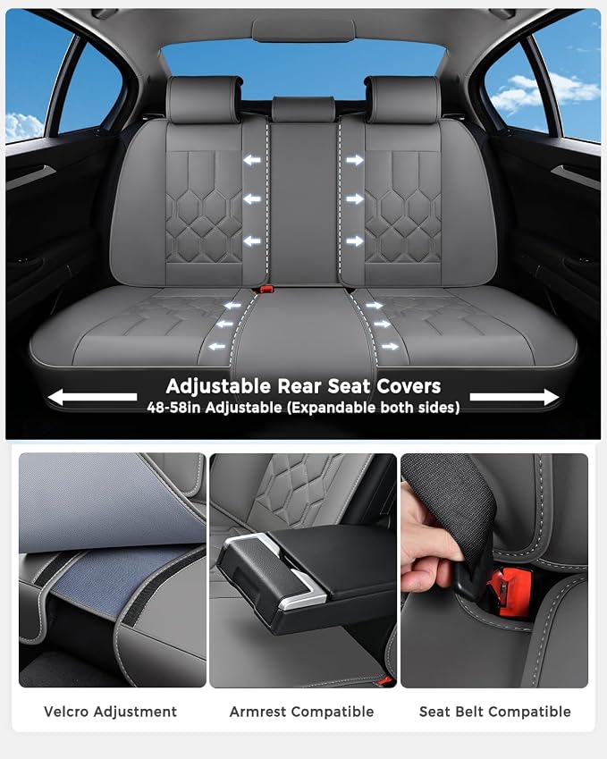 Huidasource Seat Covers Full Set, Universal Fit for Cars SUVs Trucks, Gray | Full Coverage Leather Car Seat Cover, Airbag, Cupholder Compatible, Seat Function Retain, Velcro Adjustable