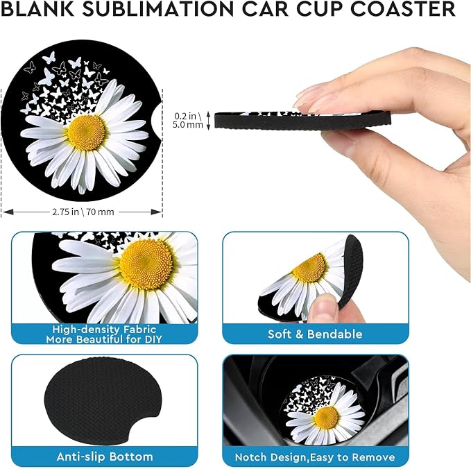 2 Pack Daisy Butterfly Car Cup Holder Coasters Universal Neoprene Coasters | 2.75" Universal Size Anti Slip Rubber Mat, Auto Cup Holder Accessories for SUV Truck, Daisy Gifts for Women Men