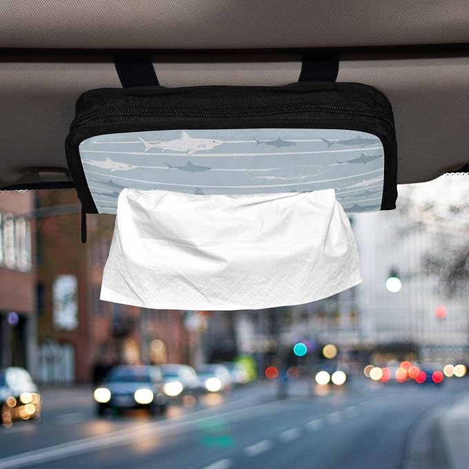 Car Visor Tissue Holder Mask Holder for Car, Car Tissue Box Sun Visor Napkin Holder Car Visor Accessories Adjustable Straps Reusable Durable Easy to Install Blue Striped Sharks