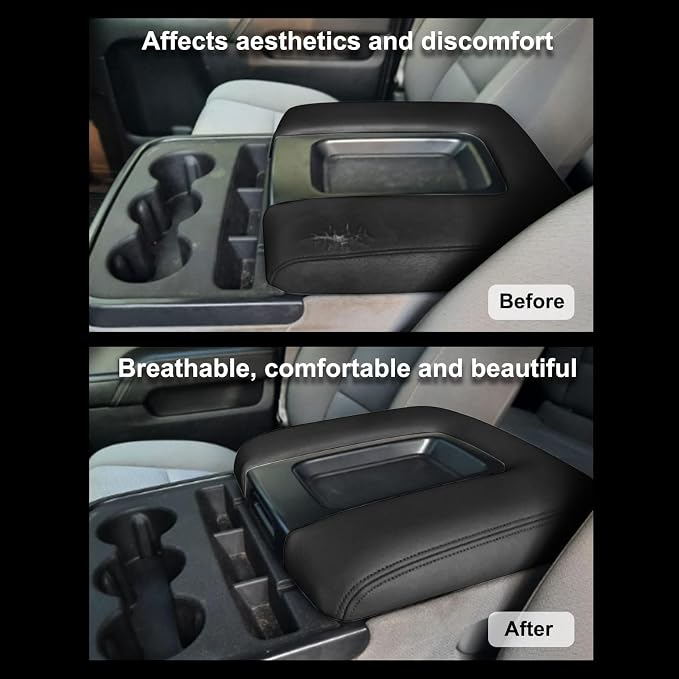 SecosAutoparts Center Console Lid Armrest Cover Compatible with Chevy Silverado GMC Sierra 2014-2018-Custom Fit Replacement Console Cover for Jump Seat (40/20/40 Bench),Premium PVC Leather,Black