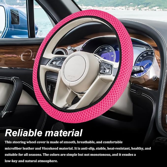 Breathable Elastic Steering Wheel Cover,15 Inch Stretch Steering Wheel Protector,Microfiber Ice Silk Anti-Slip Car Wheel Cover,Odorless Comfort Grip Interior Accessory for Cars SUV Truck（Rose Red）