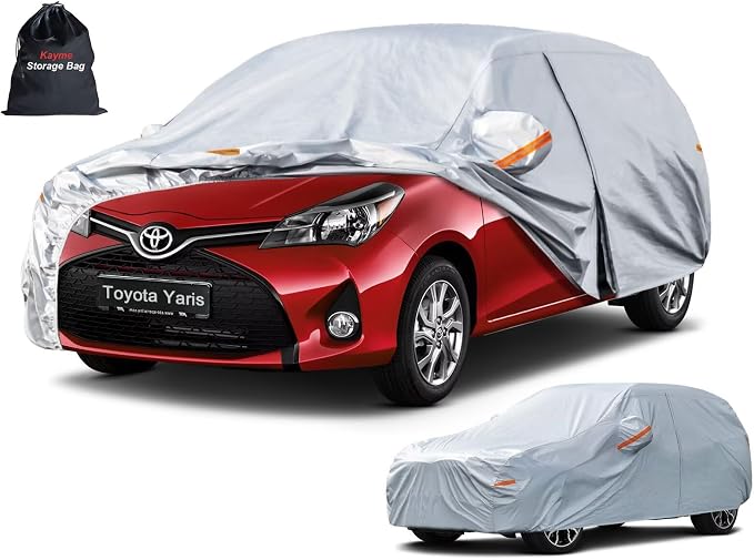 Kayme 6 Layers Hatchback Car Cover Custom Fit for Toyota Yaris (2005-2026), Waterproof All Weather for Automobiles,Rain Sun UV Protection.Silver