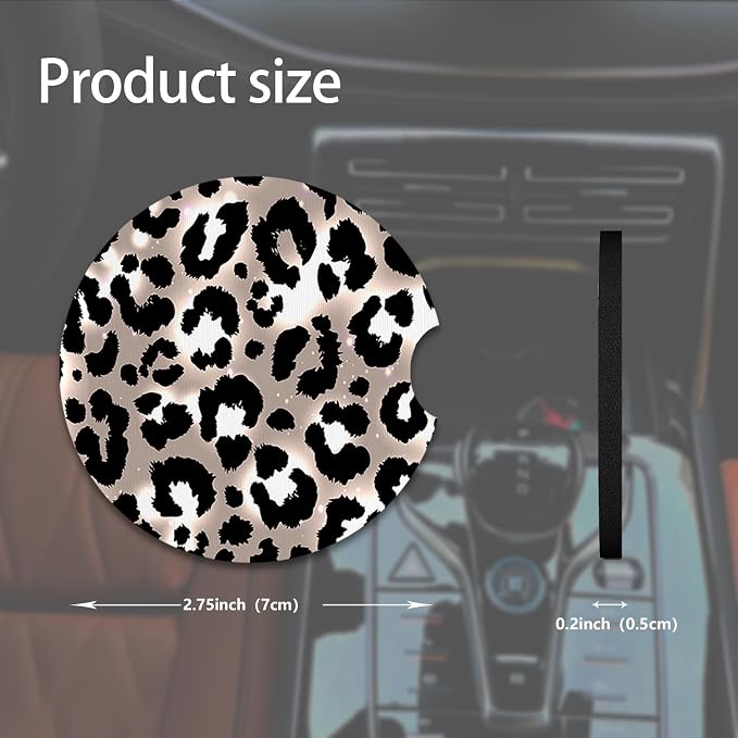 2pcs Cute Leopard Print Car Coasters,Absorbent Universal neoprener Cup Holder Coasters with a Finger Notch,Car Accessories for Women&Man Interior，2.75" 3