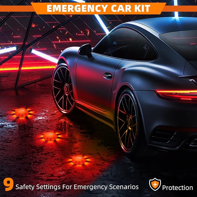 6 Pack USB Rechargeable LED Road Flares Emergency Lights, Roadside Warning Car Safety Beacon Flashing Disc Flare Kit with Magnetic Base for Vehicles & Boat&Truck