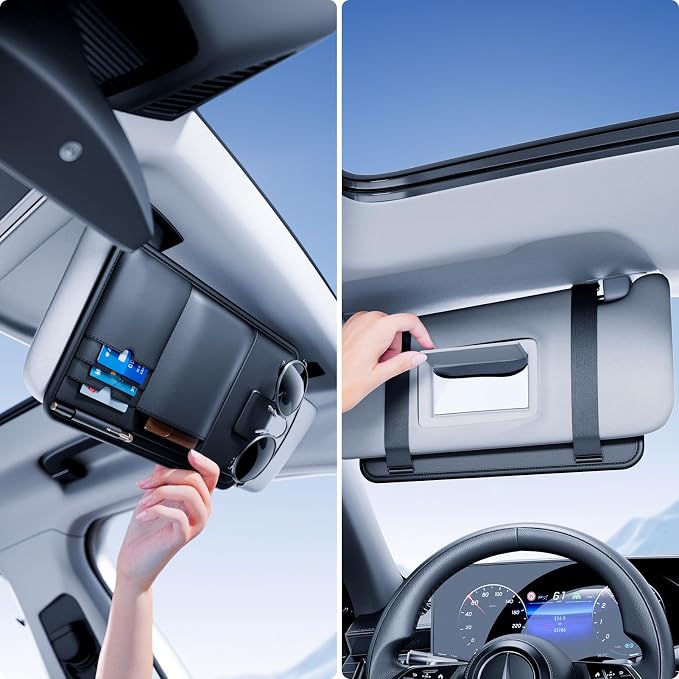 Sun Visor Organizer, Multi-Pocket Sun Visor Organizer for Car, SUV and Truck, Sun Visor Glasses Holder Card Holder Driver License Registration Pen Cell Phone Bill Ticket Key Document Holder1