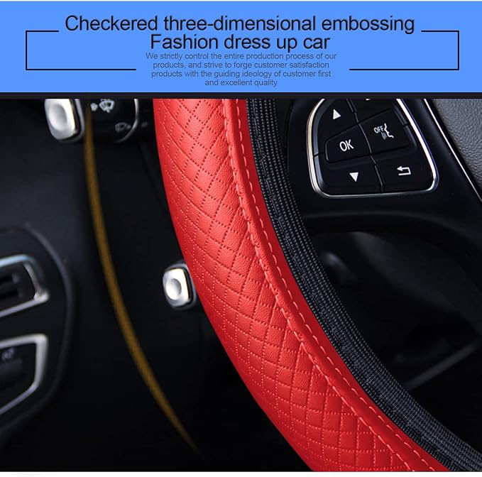 Leather Car Steering Wheel Cover, Elastic, Breathable Anti-Slip, Universal 15 inch, Steering Wheel Cover for Men Women (Red)