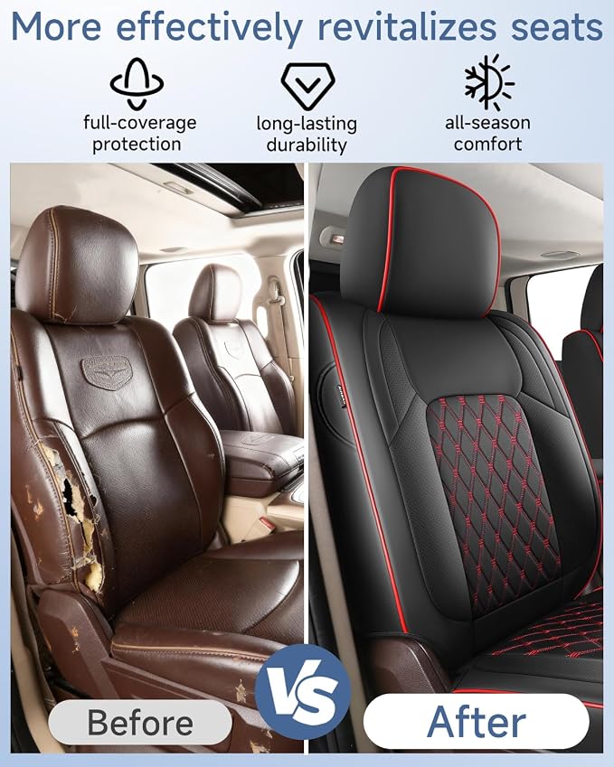 Custom Seat Covers fit for Dodge Ram 1500 2500 3500, Full Coverage Luxury Leather Ram Truck Seat Cover 2009-2025 Compatible with Crew Cab Double Quad Regular (Red, Full Set (Flat Front/Curved Rear))