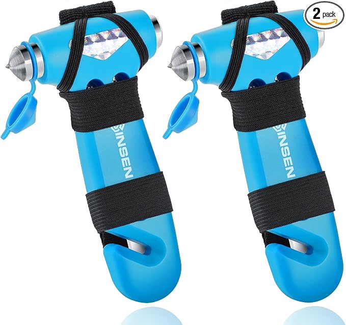 SINSEN Car Safety Hammer, Automotive Window Breaker and Seatbelt Cutter for Women, Roadside Emergency Kit, 3 in 1 Escape Tools, Road Trip Essential and Must Haves (2, Blue)
