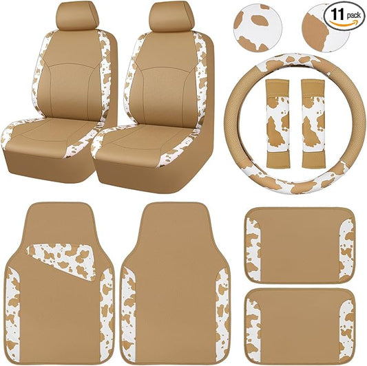 CAR PASS Cow Print Faux Leather Car Seat Covers & Cow Car Mats & Cow Steering Wheel Cover Seat Belt Pads Universal fit for SUV,Van,Saden,Truck Cute Car Accessories Automobile Interior Sets All Beige