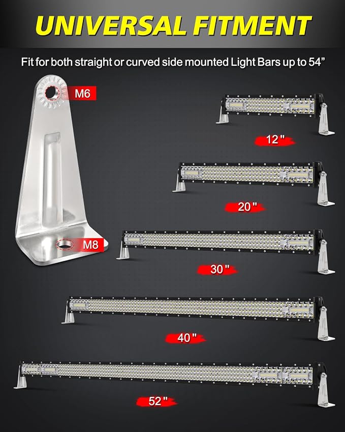 LED Light Bar Side Mounting Brackets Kit M6 Holes Side Brackets | Heavy Duty Stainless Steel Light Bar Brackets for Straight or Curved LED Light Bar Up to 54 Inch